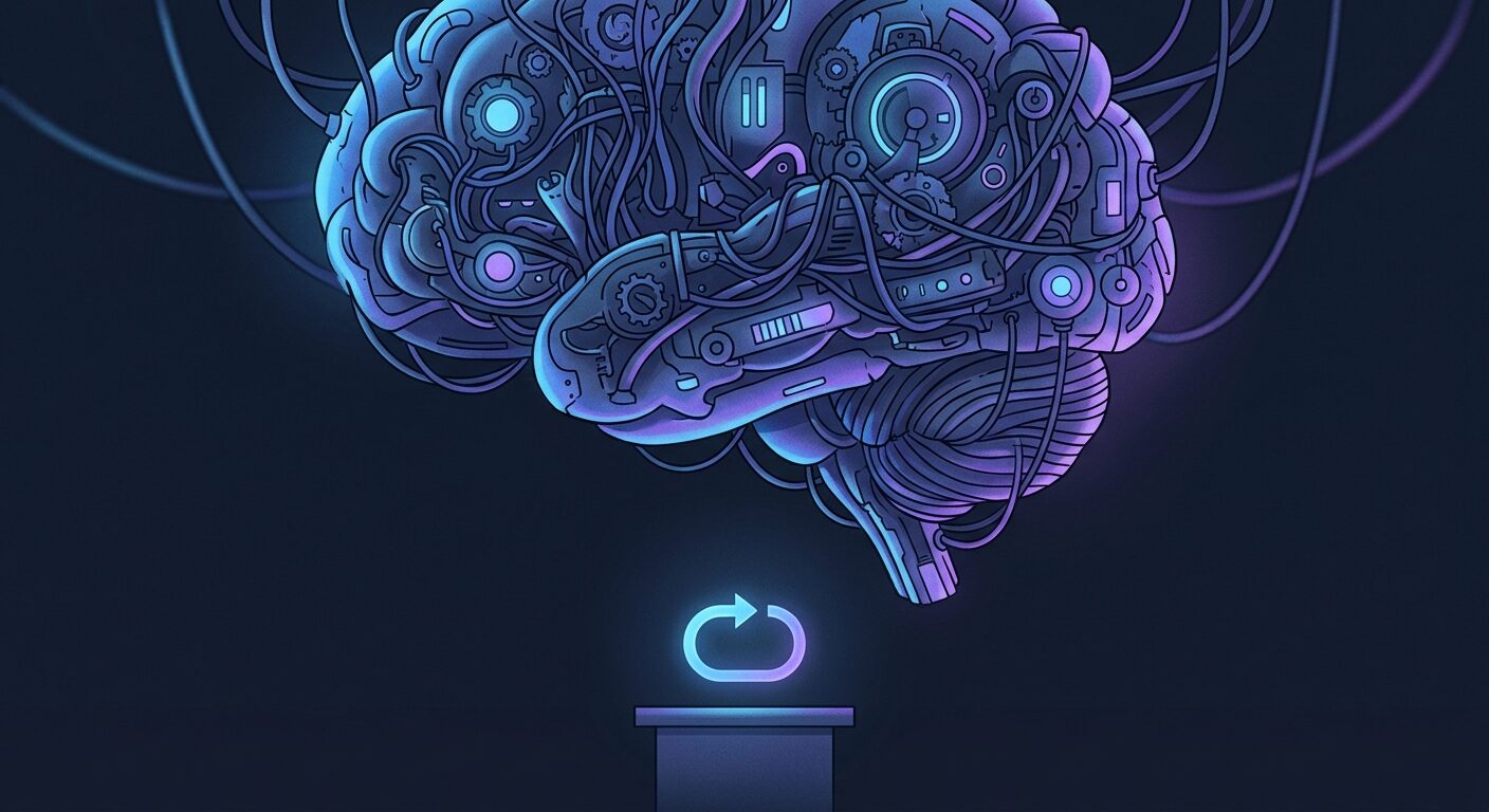 An ornate, over-engineered mechanical AI brain looming over a tiny, simple glowing loop on a pedestal