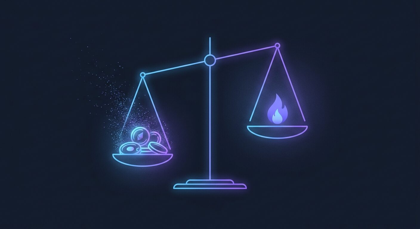 A balance scale, one pan holding glowing tokens burning away into sparks, the other a small steady flame, the beam tilted almost imperceptibly