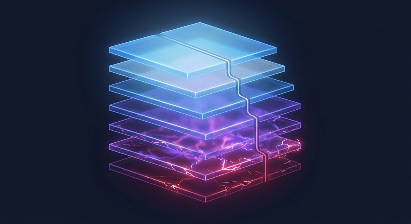 Seven stacked glass slabs descending from cool, calm blue at the top to unstable, crackling red-violet energy at the bottom